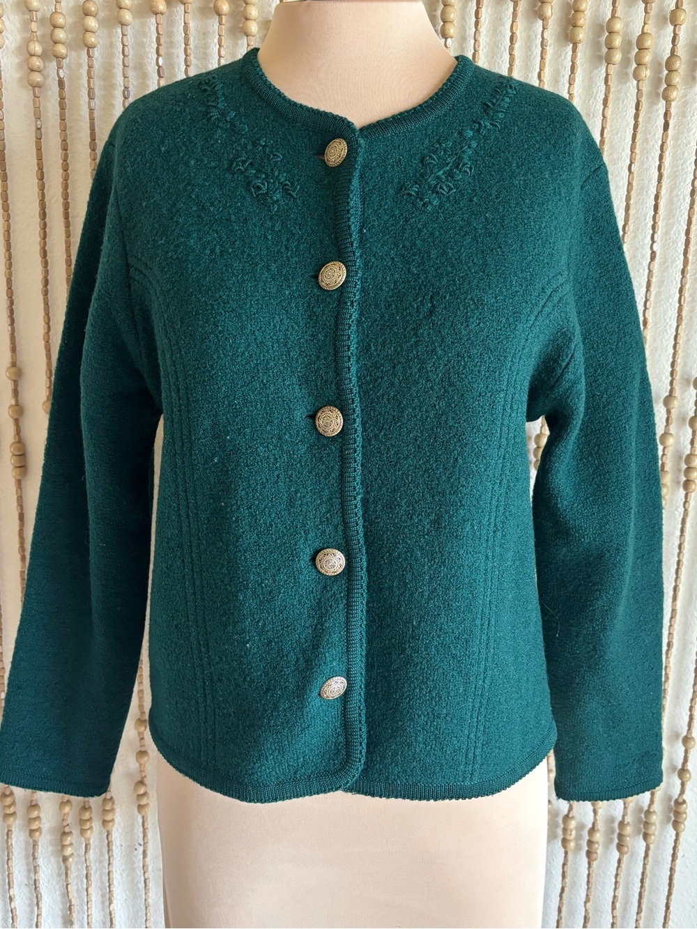 Pendleton Green Wool Embroidered Gold Button-Front Cardigan Coquette Sweater Sm